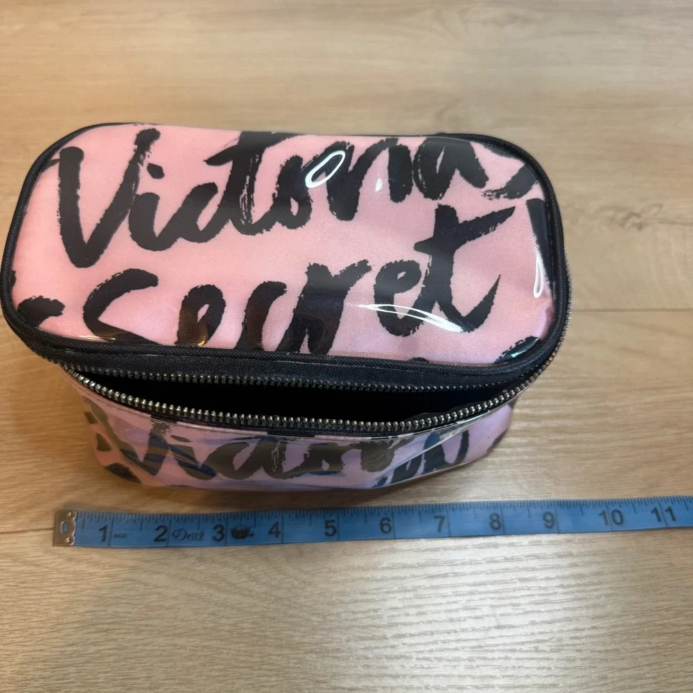 Victoria's Secret Pink Black Script Logo Makeup Bag Train Case Polka Dot Lining